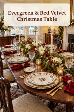 Heirloom Christmas table with evergreen white flowers red velvet napkins and the words Evergreen and Red Velvet Christmas Table