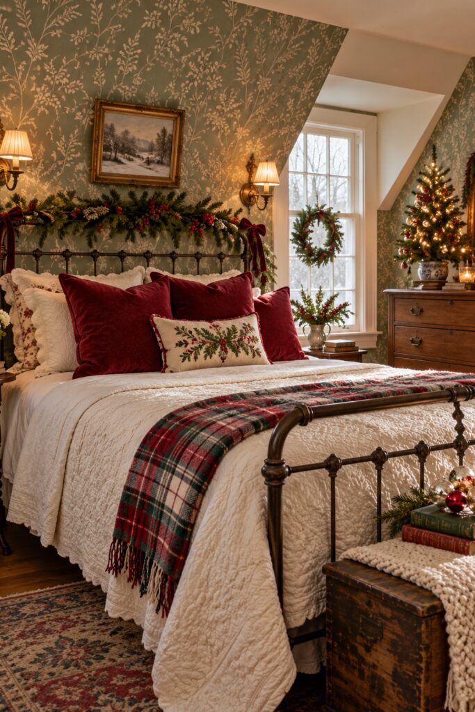 Cottage bedroom with evergreen garland over an iron bed cranberry red velvet pillows ivory quilt plaid throw and a small lit Christmas tree by the window