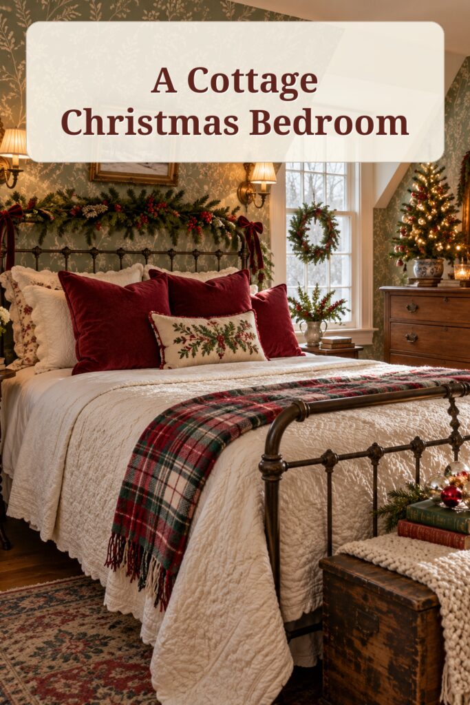 Cottage Christmas bedroom with evergreen garland red velvet pillows ivory bedding and the words A Cottage Christmas Bedroom