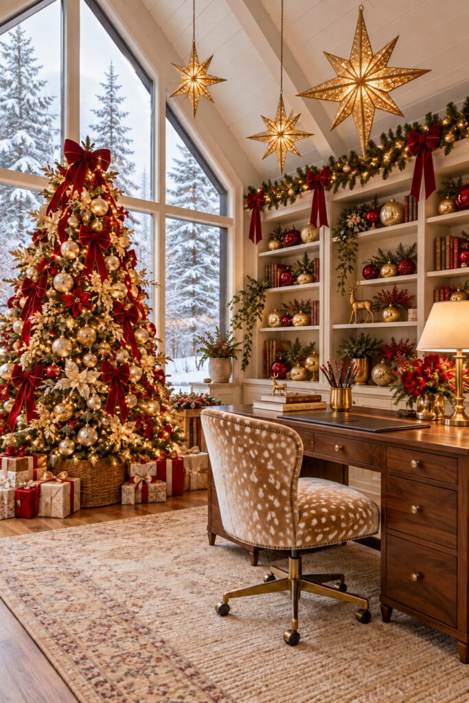 Christmas home office with fawn spotted desk chair red bows gold stars decorated tree and ornament shelves
