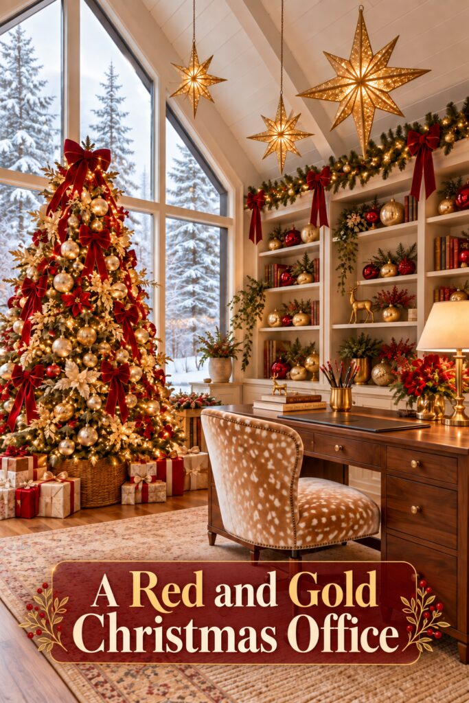 Red and gold Christmas home office with fawn print chair beneath a readable headline