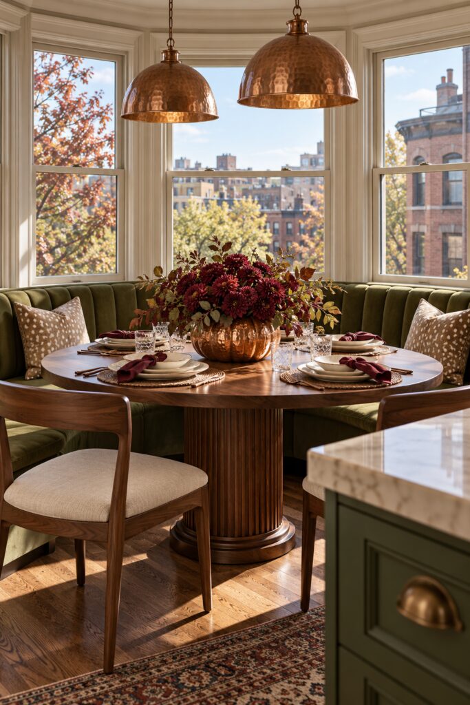 Olive bay window banquette with fawn spotted pillows copper bowl of burgundy flowers and Thanksgiving place settings