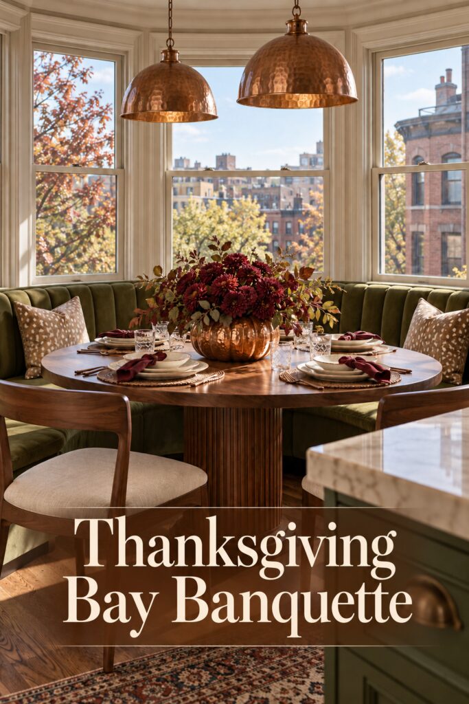 Thanksgiving bay banquette with fawn print pillows and a headline over the dining scene