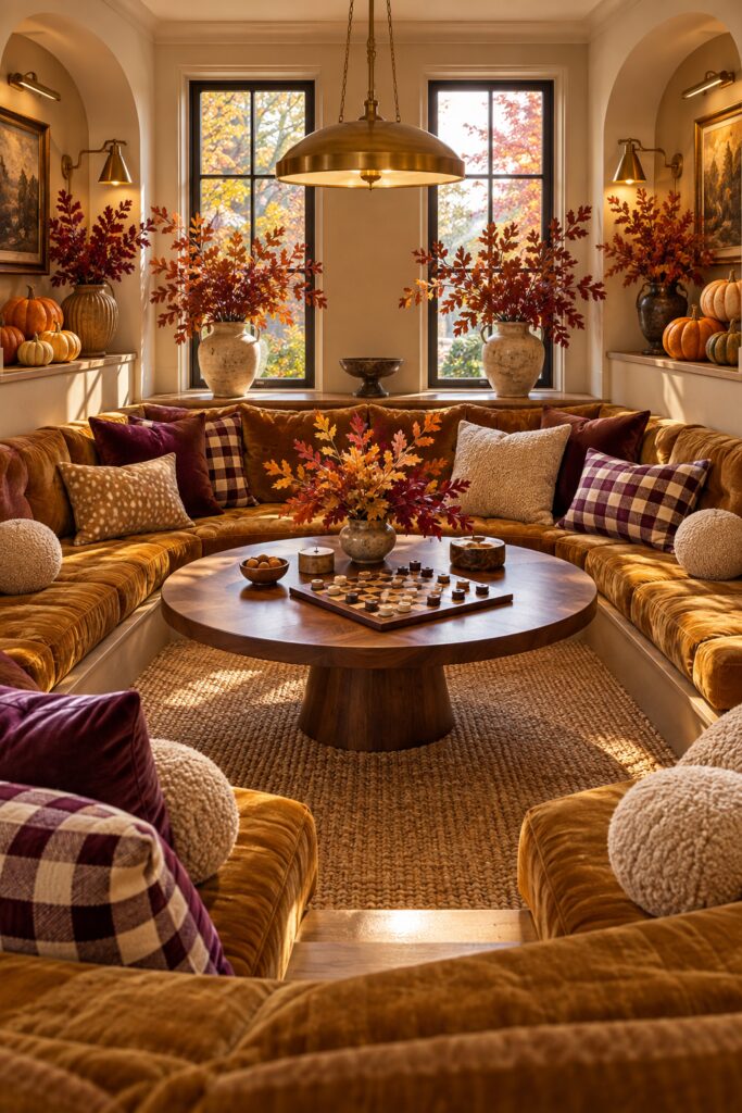 Fall game room with ochre conversation seating round game table plum cushions and fawn spotted pillow