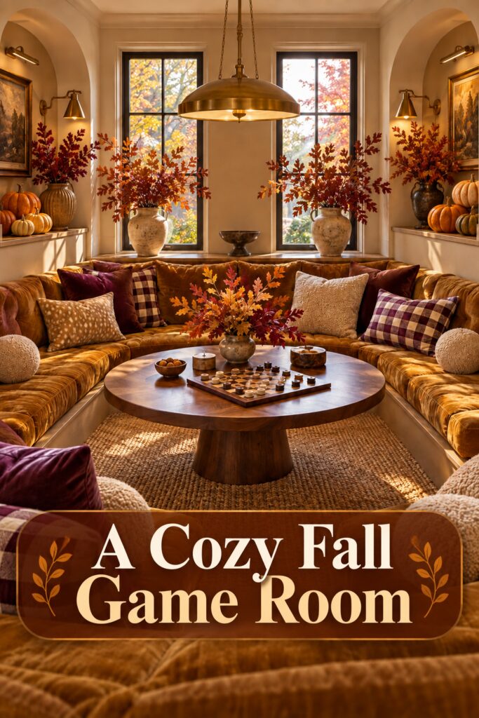 Cozy fall game room with fawn spot cushion and readable article headline