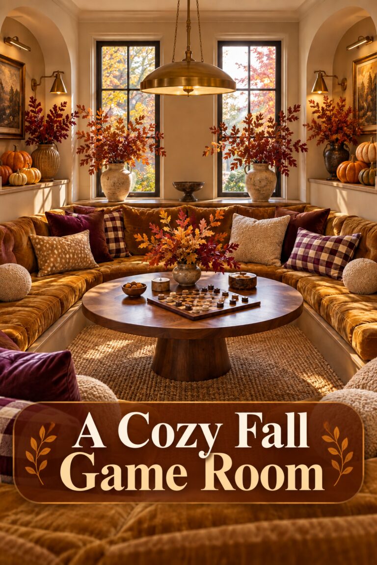 Cozy fall game room with fawn spot cushion and readable article headline