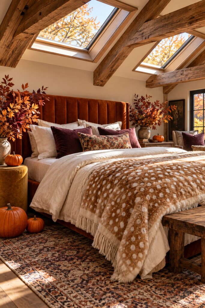 Skylit fall bedroom with timber rafters rust upholstered headboard plum pillows and tan fawn spotted throw