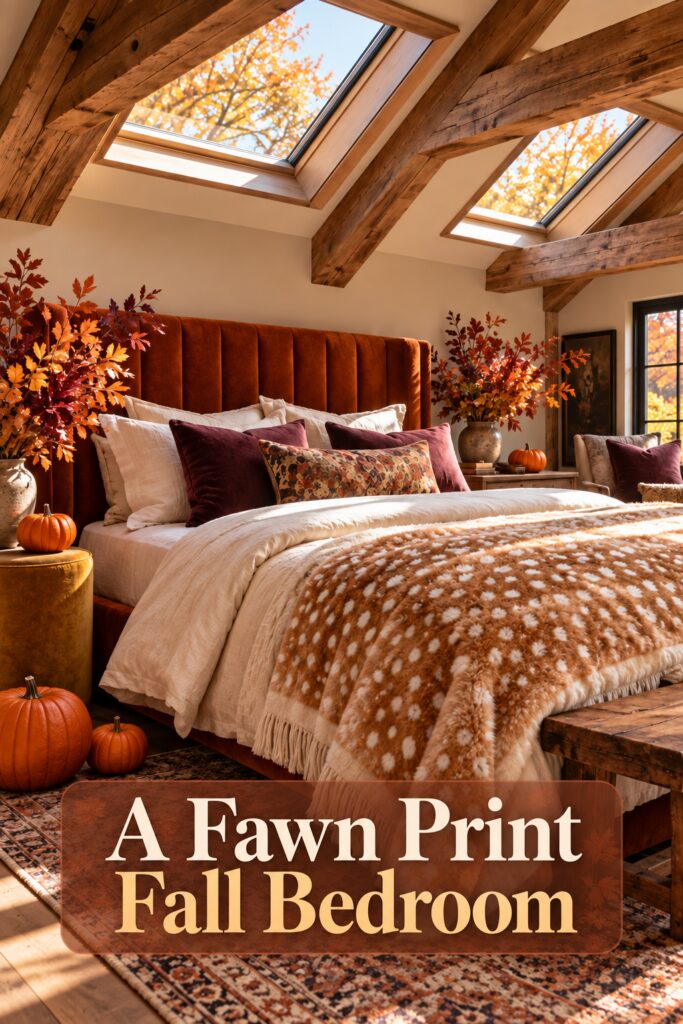 Fall bedroom with fawn spotted throw and a readable decorating headline across the lower image