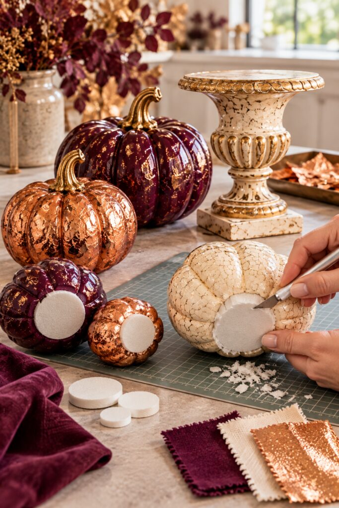 Hand preparing a flat contact point on a faux pumpkin beside graduated pumpkins and a pedestal