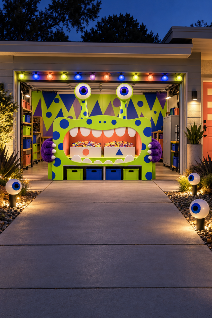 Friendly monster garage candy station with giant eyes fuzzy paws and two trays of Halloween treats