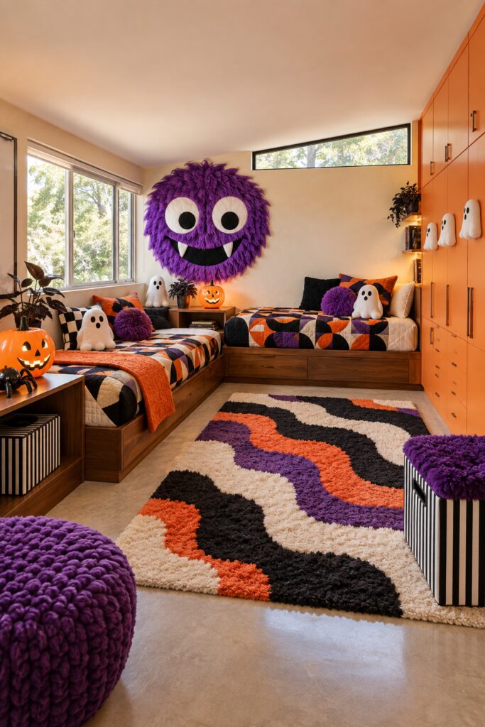 Purple friendly monster above two beds with Halloween quilts white ghosts orange wardrobes and glowing pumpkins