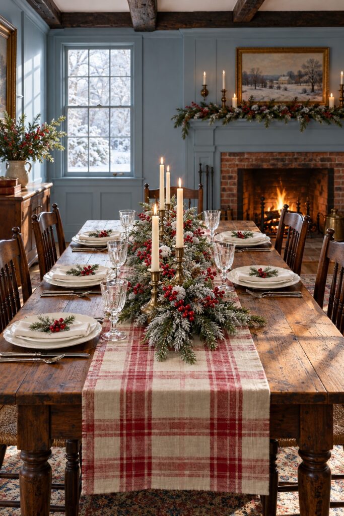 Wooden Christmas table with plaid runner frosted evergreen red berries cream candles white plates and clear goblets