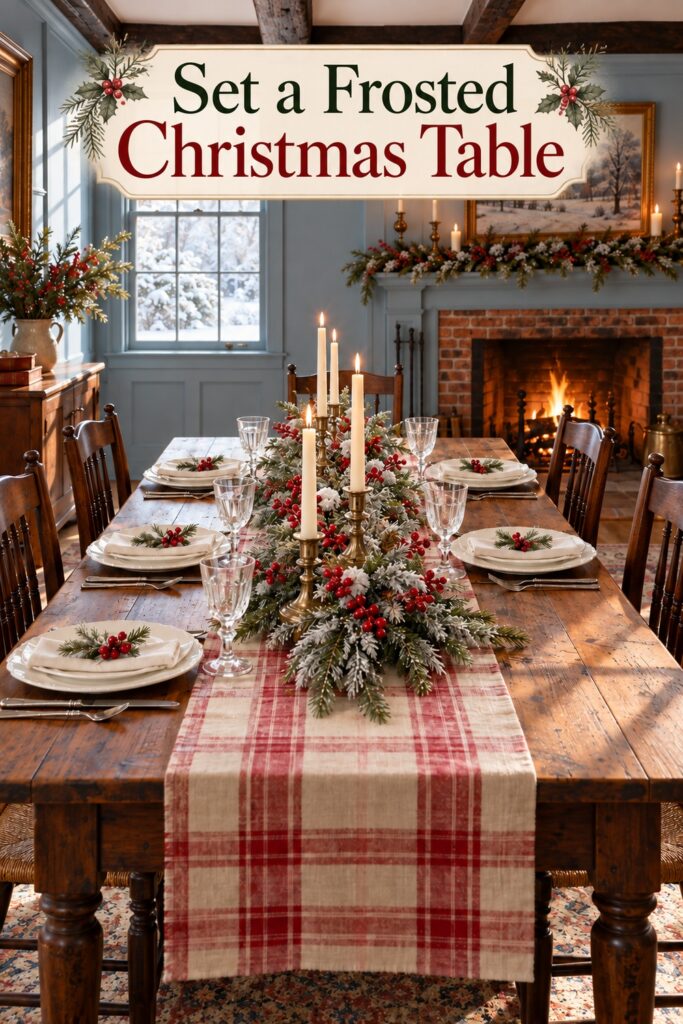 Set a Frosted Christmas Table headline over wooden Christmas table with plaid runner frosted evergreen red berries cream candles white plates and clear goblets