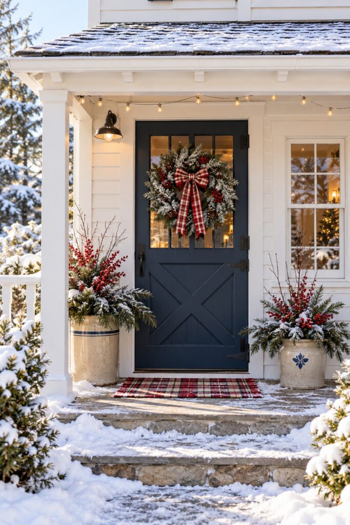 Blue Dutch door with a frosted evergreen wreath plaid bow and pale planters filled with red berries and branches