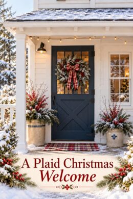 A Plaid Christmas Welcome headline over blue Dutch door with a frosted evergreen wreath plaid bow and pale planters filled with red berries and branches