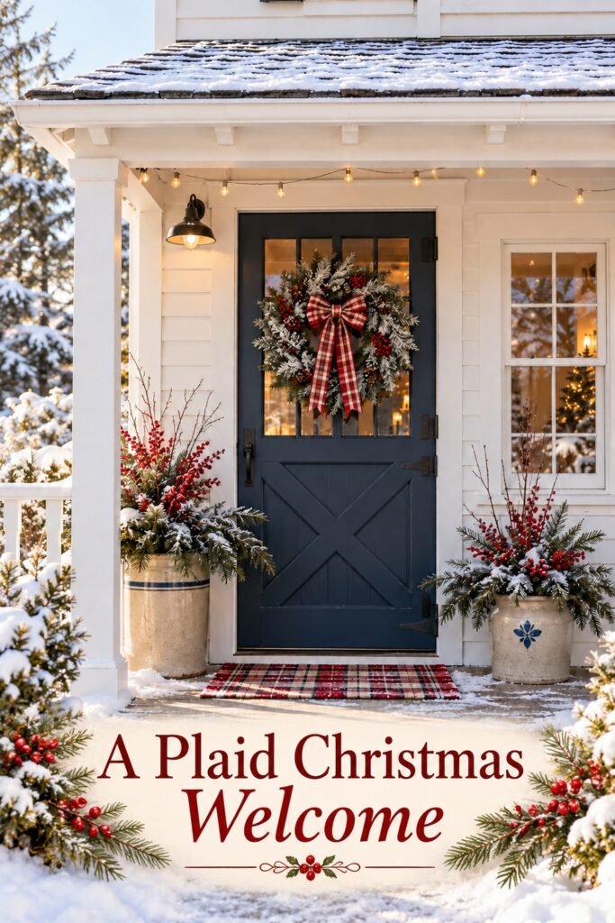 A Plaid Christmas Welcome headline over blue Dutch door with a frosted evergreen wreath plaid bow and pale planters filled with red berries and branches