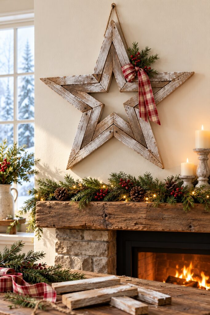 Open weathered wood star with white frosted streaks a plaid bow and evergreen hanging above a rustic Christmas mantel