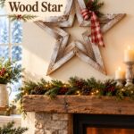 Make a Frosted Wood Star headline over open weathered wood star with white frosted streaks a plaid bow and evergreen hanging above a rustic Christmas mantel