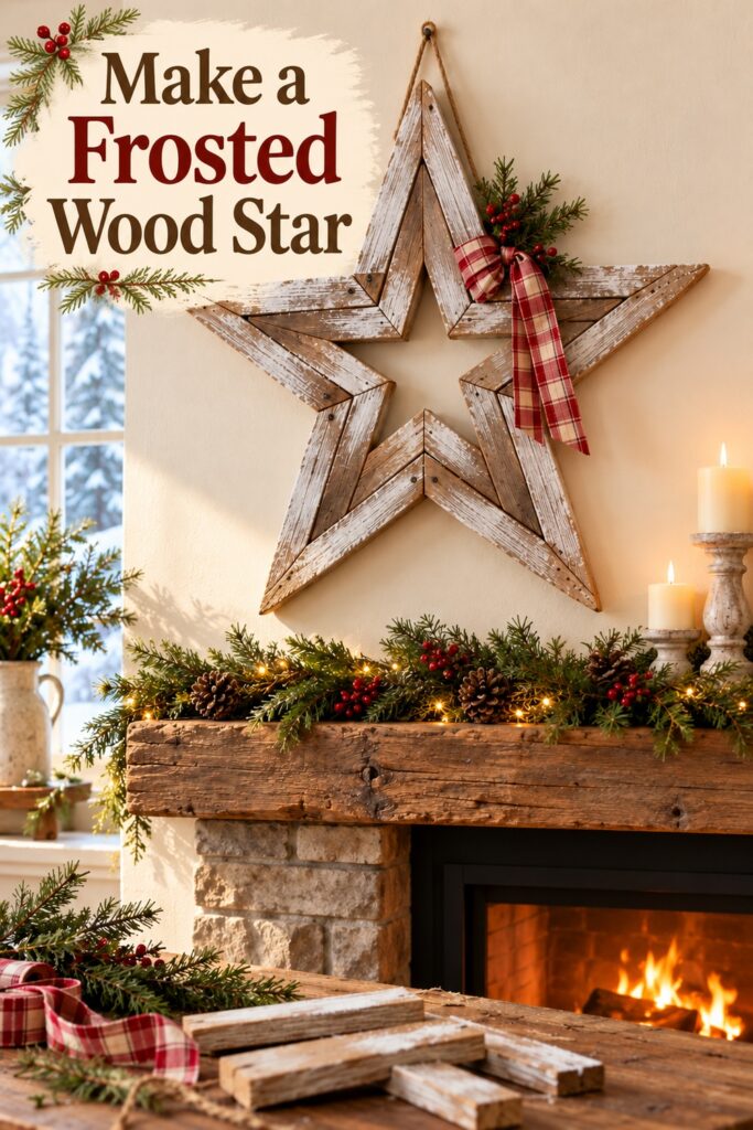 Make a Frosted Wood Star headline over open weathered wood star with white frosted streaks a plaid bow and evergreen hanging above a rustic Christmas mantel