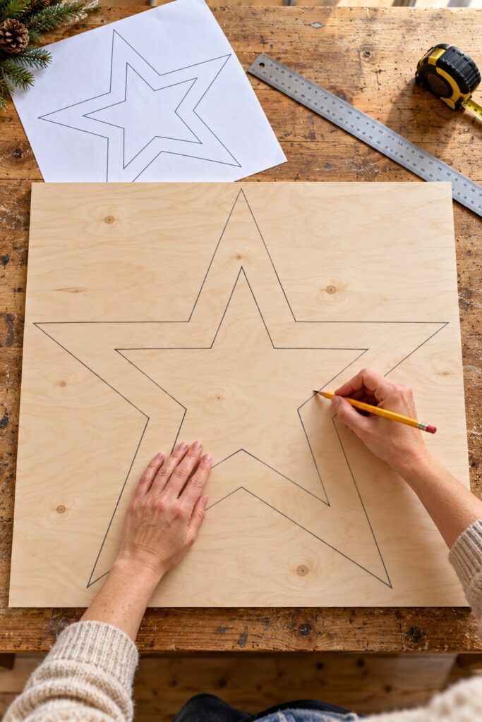 Hands tracing outer and inner five point star outlines on plywood with a paper template nearby
