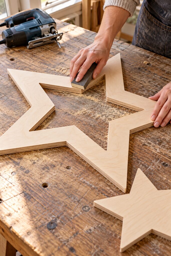 Hands sanding the inside edge of a single plywood star frame beside the cut center offcut