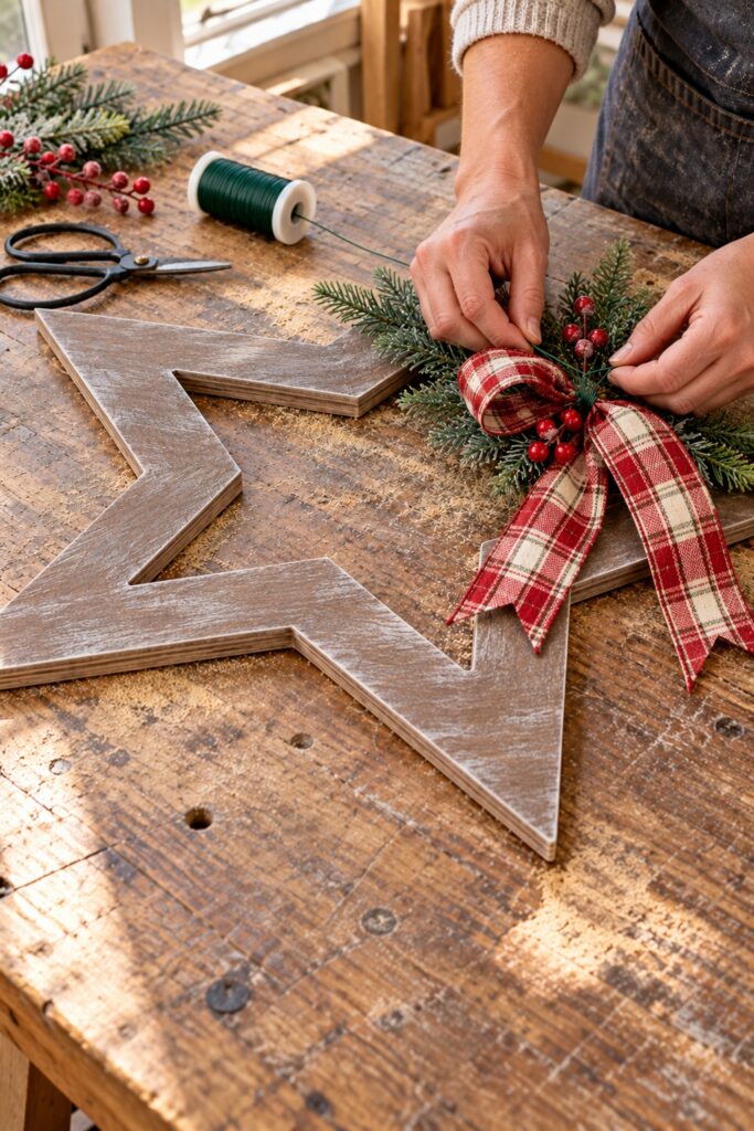Hands fastening evergreen and red berries with floral wire beneath a plaid bow on a frosted plywood star