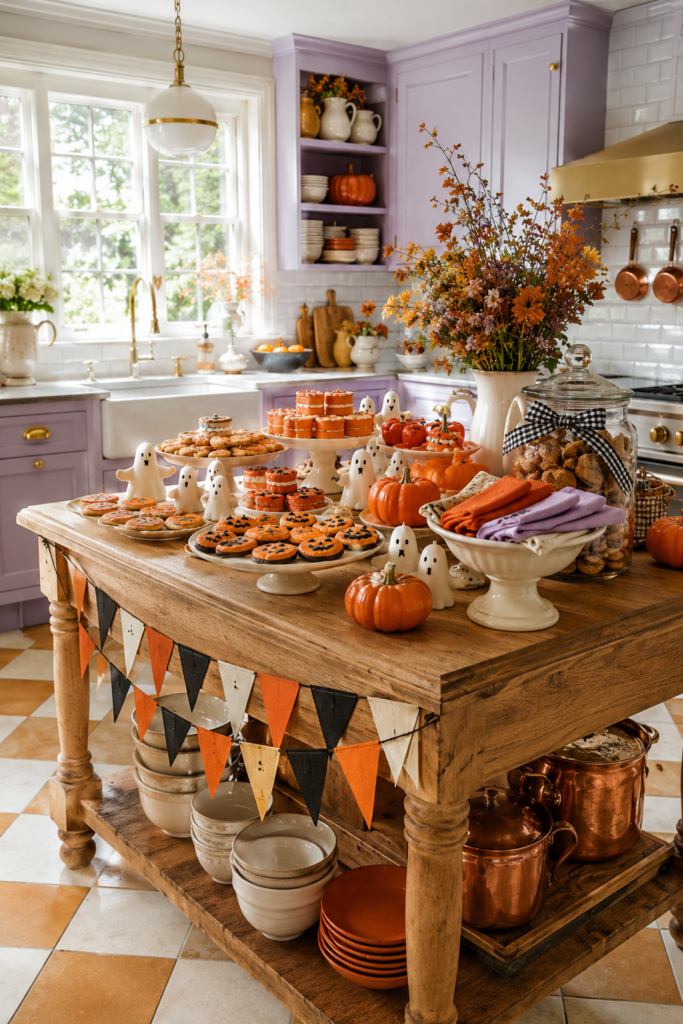 ghost bakery Halloween kitchen with pumpkin cookies cake stands white spirits and orange fall flowers