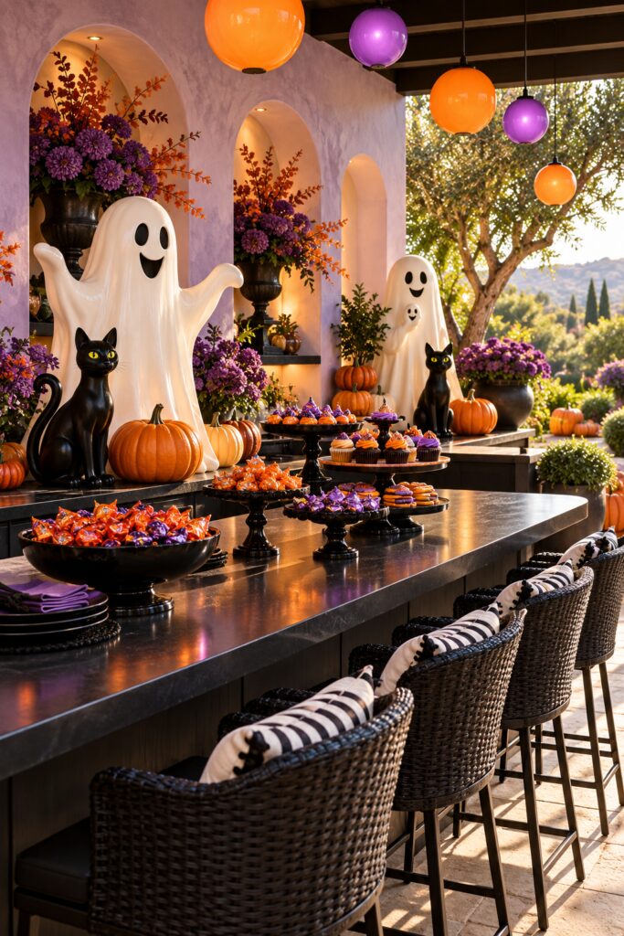 Covered Halloween patio with white ghosts black cats purple flowers orange globe lights and a candy counter