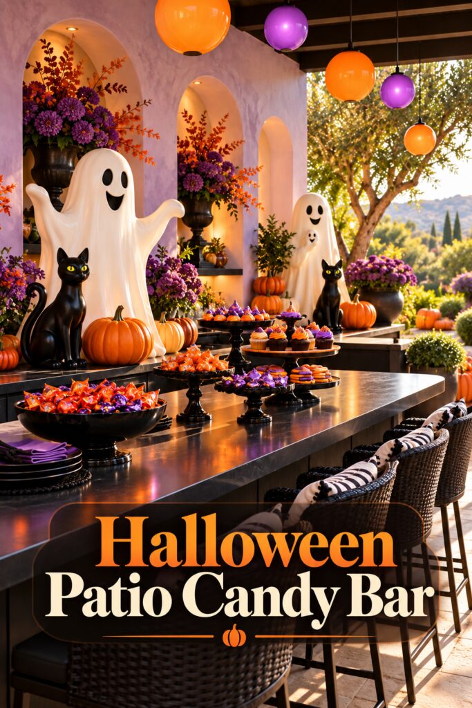 Halloween patio candy bar with smiling ghosts black cats and a readable article headline