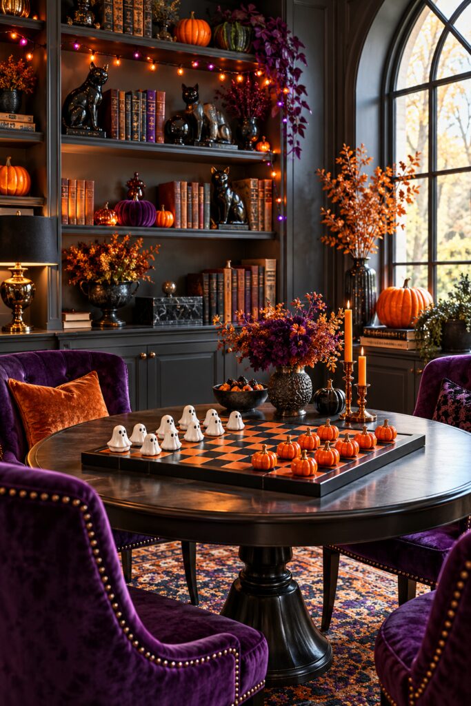 Round checker table with white ghost and orange pumpkin pieces among purple chairs and Halloween decor
