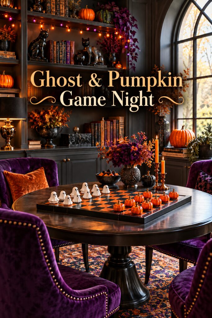 Halloween game room with ghost pumpkin checkerboard and Ghost and Pumpkin Game Night title