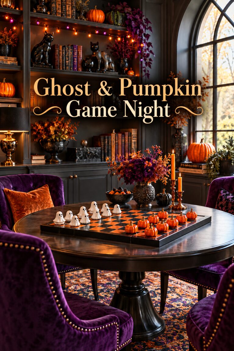 Halloween game room with ghost pumpkin checkerboard and Ghost and Pumpkin Game Night title