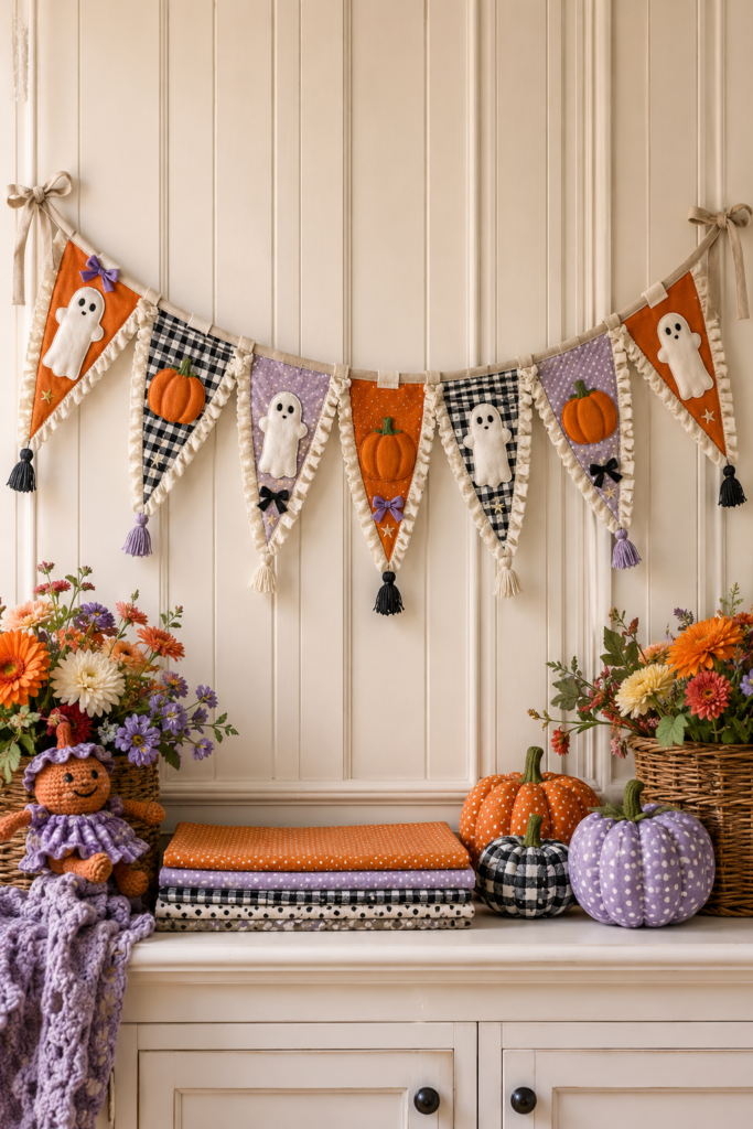 handmade fabric pumpkin and ghost pennant garland