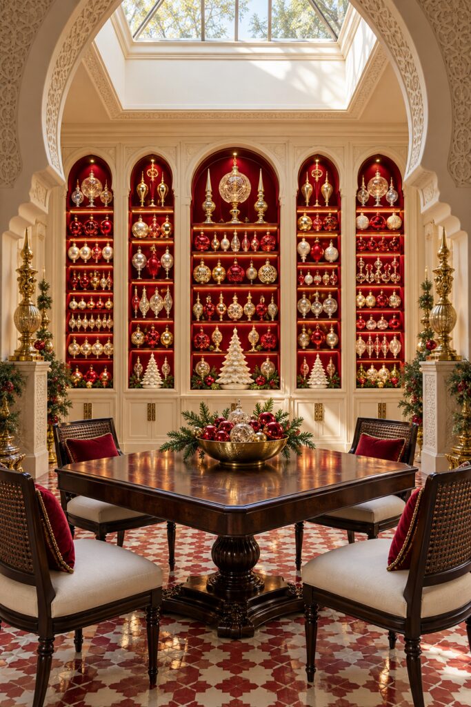 Christmas ornament collection in illuminated red arched cabinets above a walnut card table