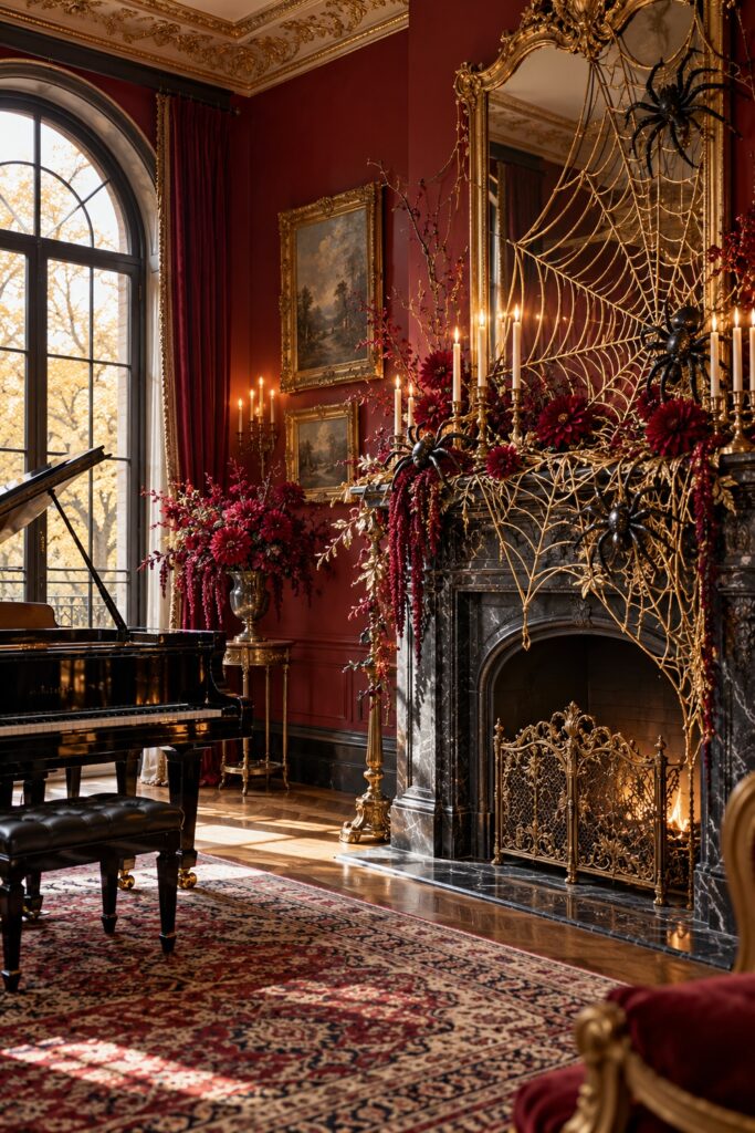 Gold spiderwebs and black spiders across a gilt mirror and dark fireplace beside a black piano in a crimson Halloween music room