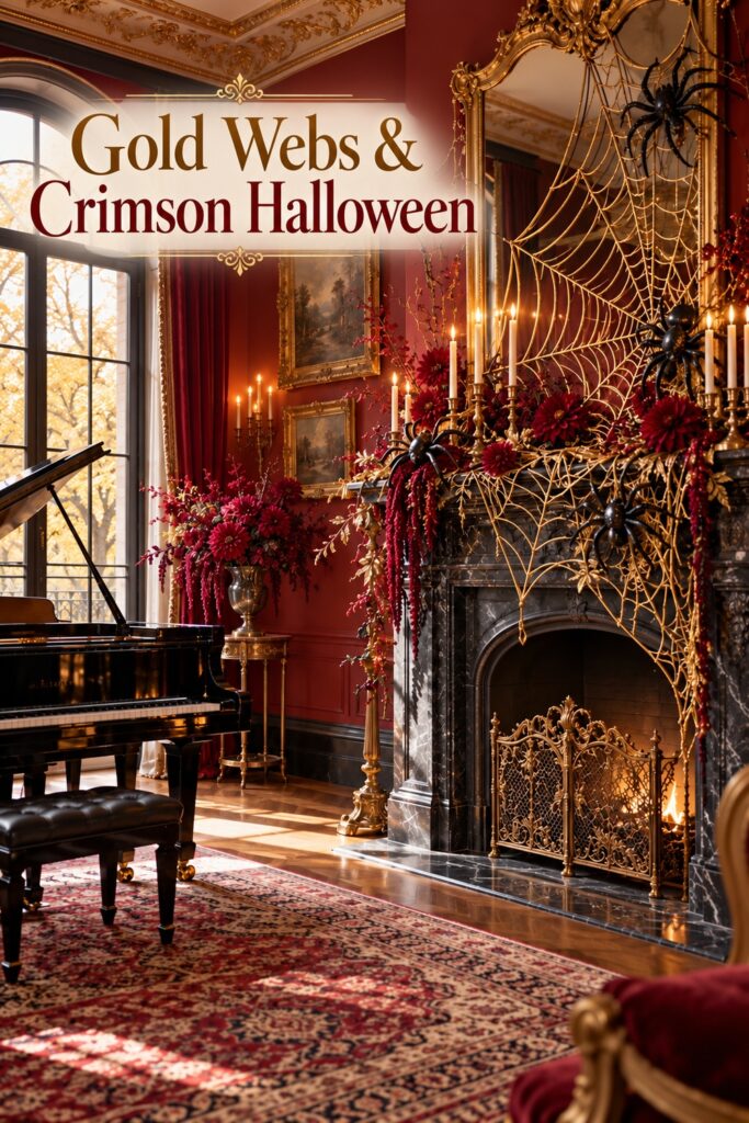 Crimson Halloween music room with gilded webs red dahlias and black piano beneath the words Gold Webs and Crimson Halloween
