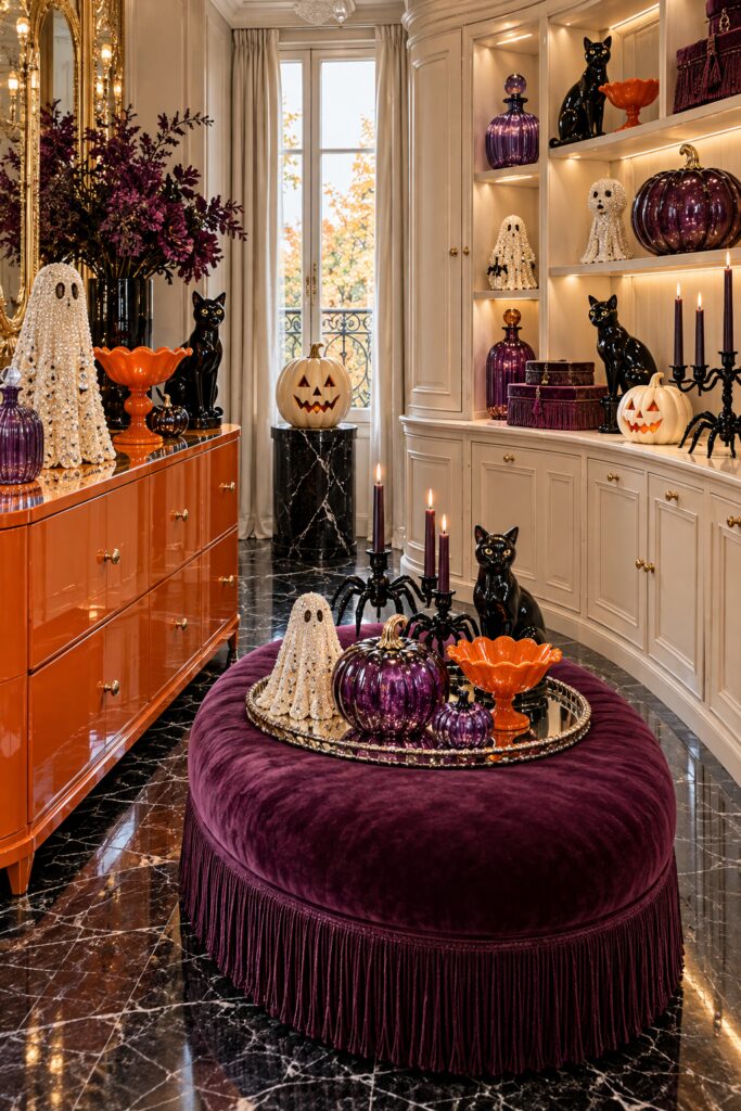 Halloween dressing room with jeweled white ghosts purple glass pumpkins black cats and orange bowls