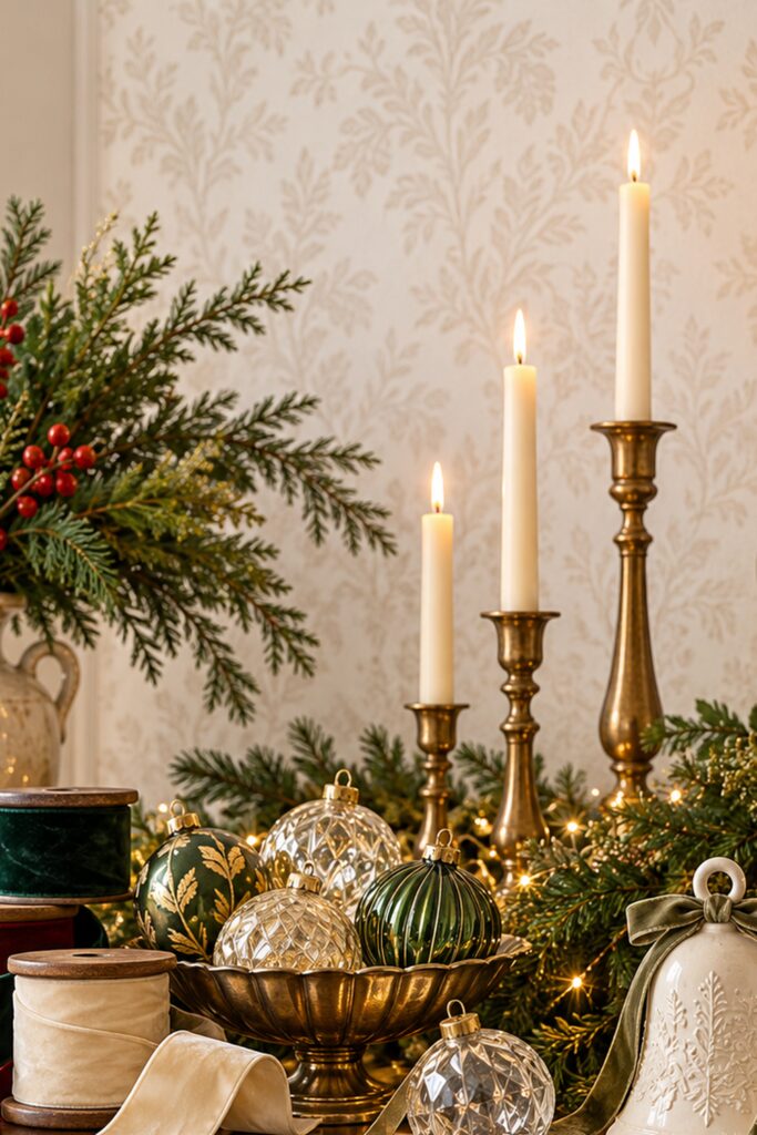 Faceted glass Christmas ornaments velvet ribbon spools ivory ceramic bells brass candlesticks and lit evergreen arranged on a warm wood cabinet