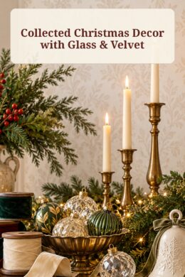Collected Christmas decor with glass ornaments velvet ribbon ceramic bells and the words Collected Christmas Decor with Glass and Velvet