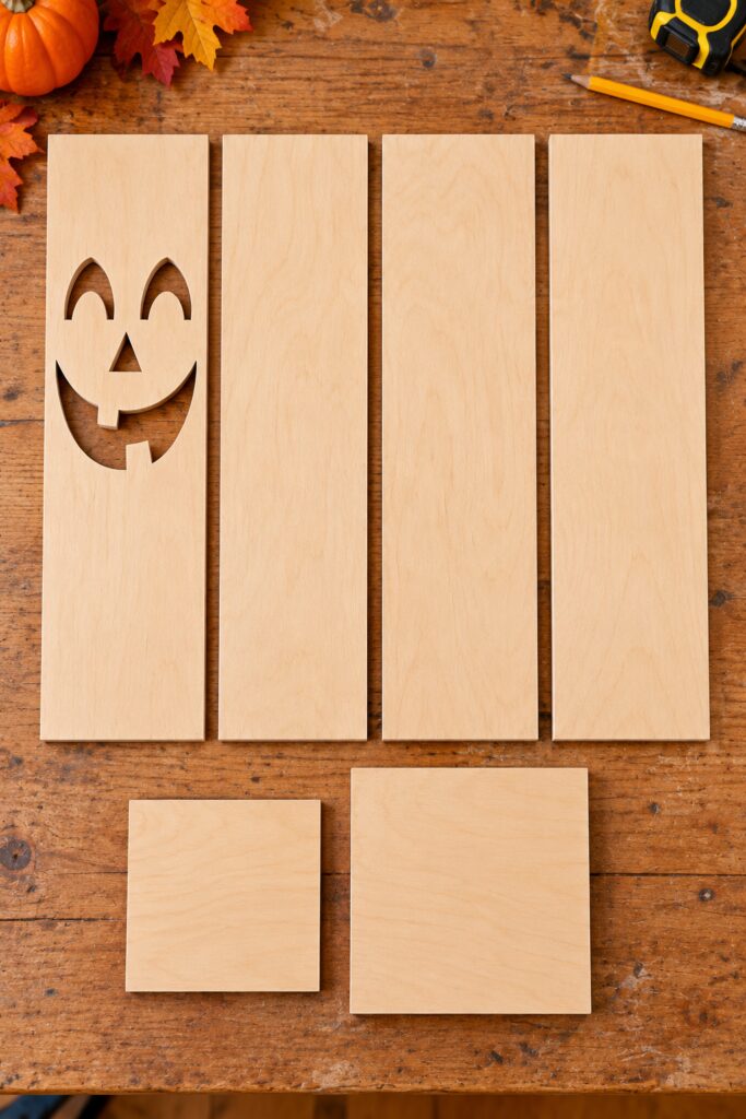 Three plywood jack o lantern face panels marked for cutting with box sides and bases laid out