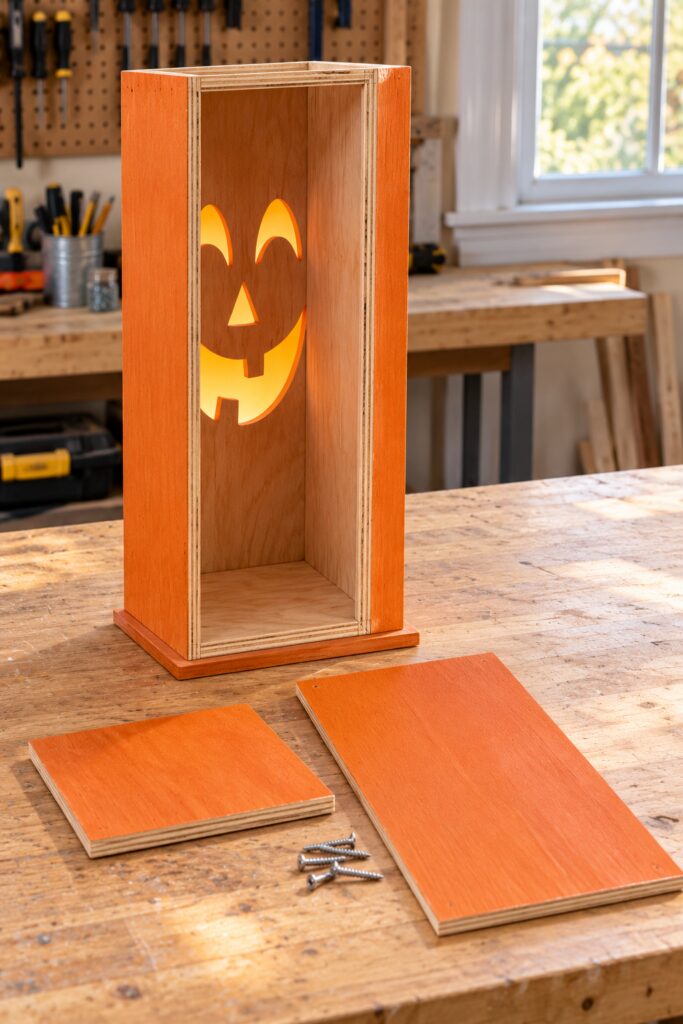 Unfinished hollow jack o lantern plywood box with face openings removable back