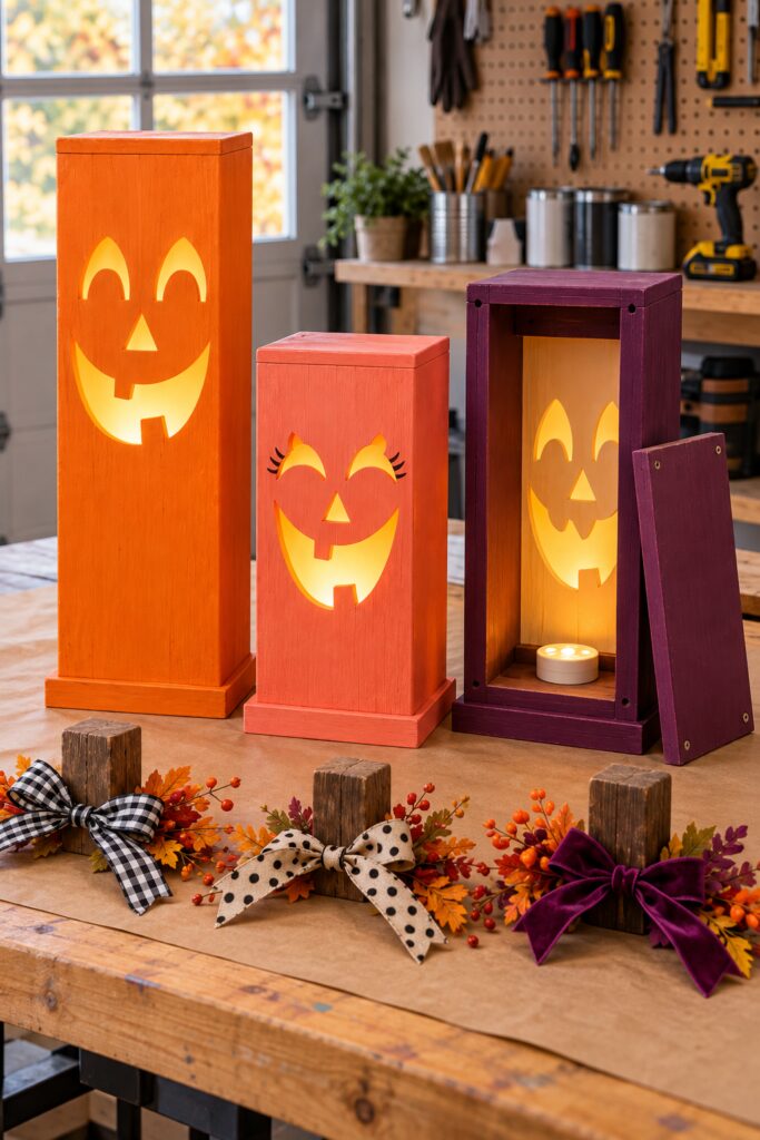 Painted orange coral and plum jack o lantern boxes with amber face diffusers and battery lights