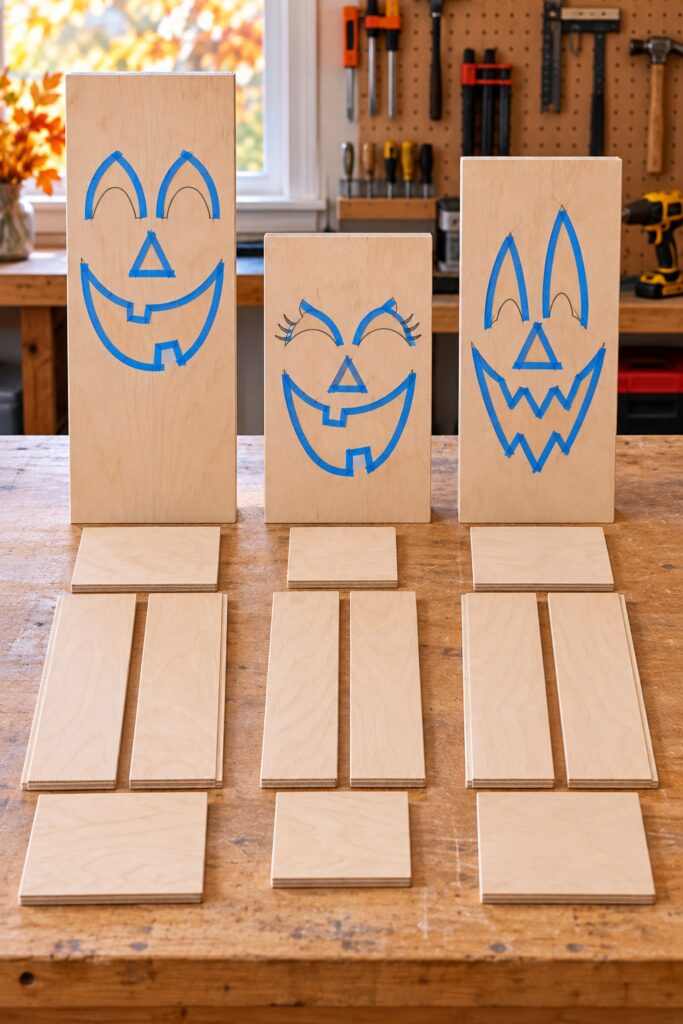 plywood panels showing jack-o-lantern faces traced onto the front