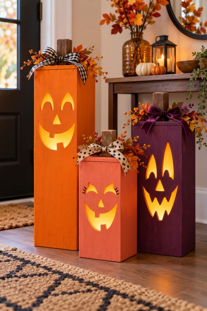 Three glowing jack o lantern wood columns painted orange coral and plum with ribbon and autumn leaves in an entry