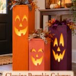 Text overlay reading Glowing Pumpkin Columns beneath three lit painted jack o lantern boxes