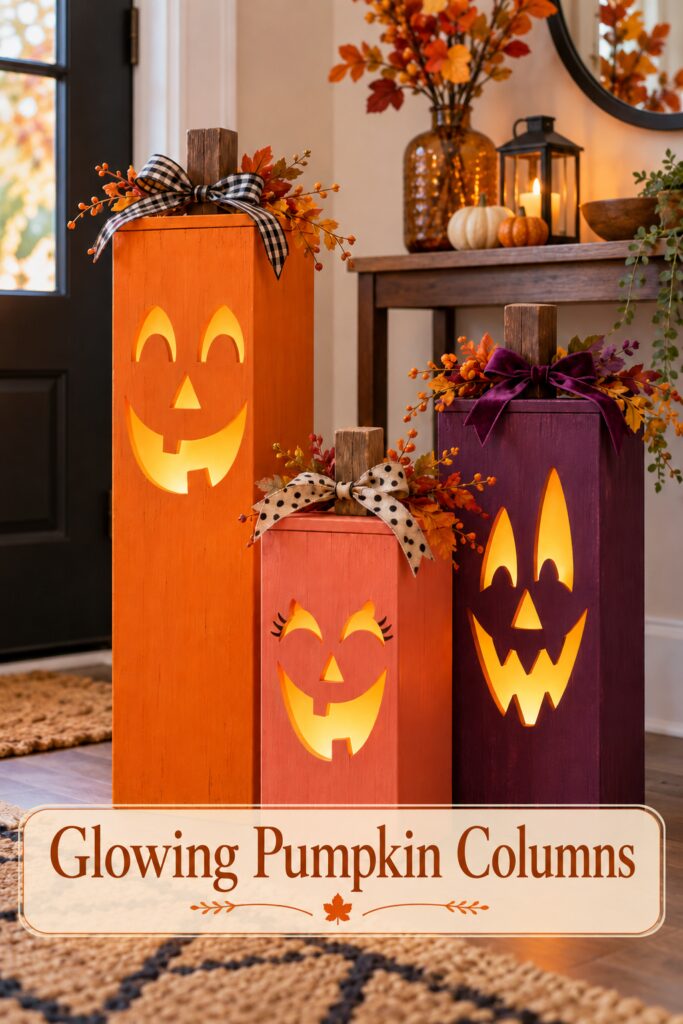 Text overlay reading Glowing Pumpkin Columns beneath three lit painted jack o lantern boxes