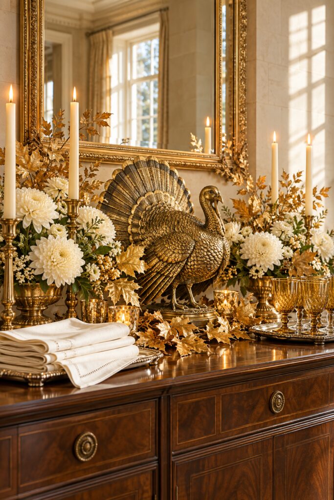 Gold turkey with a fanned tail between ivory chrysanthemums gold vessels candles amber goblets and folded linens on a sideboard