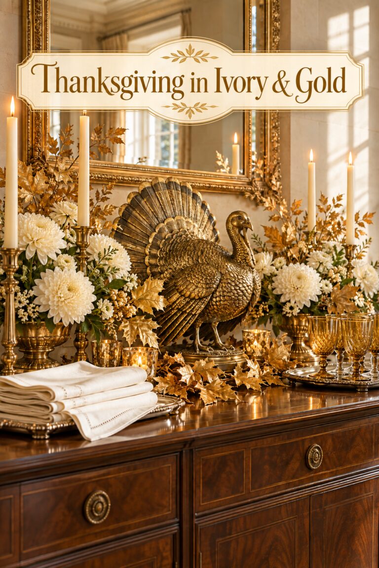 Thanksgiving sideboard with gold turkey and ivory flowers beneath the words Thanksgiving in Ivory and Gold