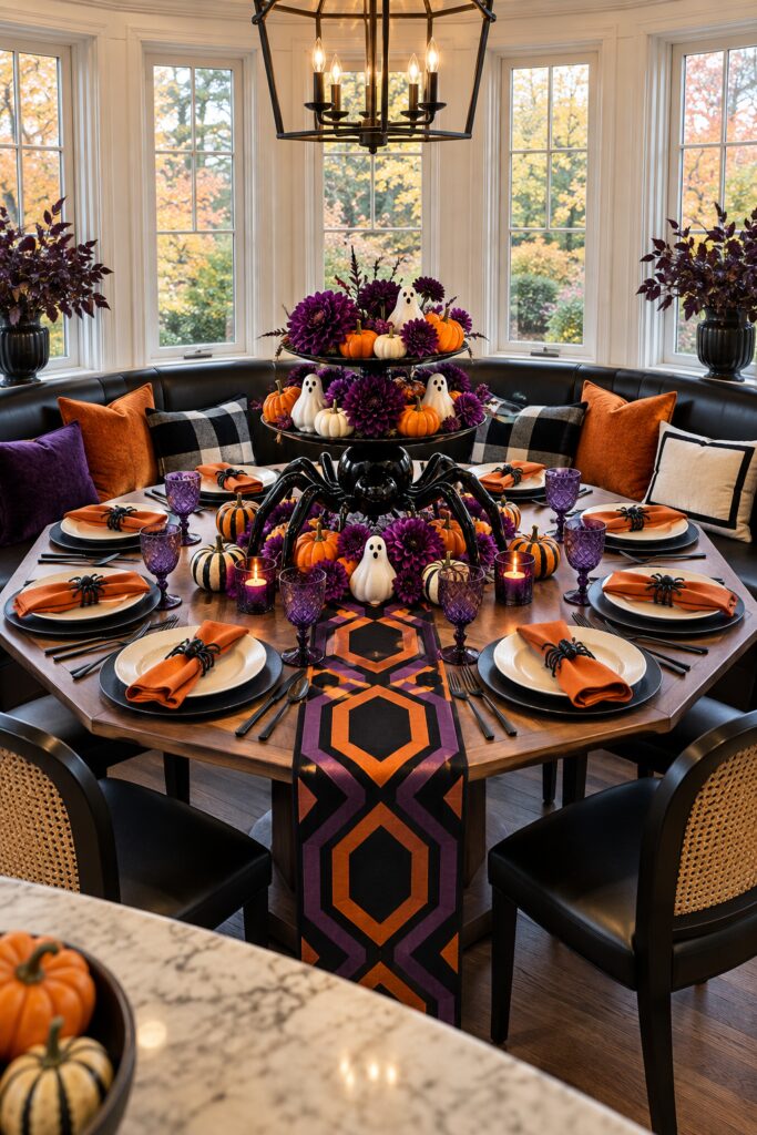 Halloween table with a black spider tiered centerpiece purple flowers pumpkins ghosts and orange napkins