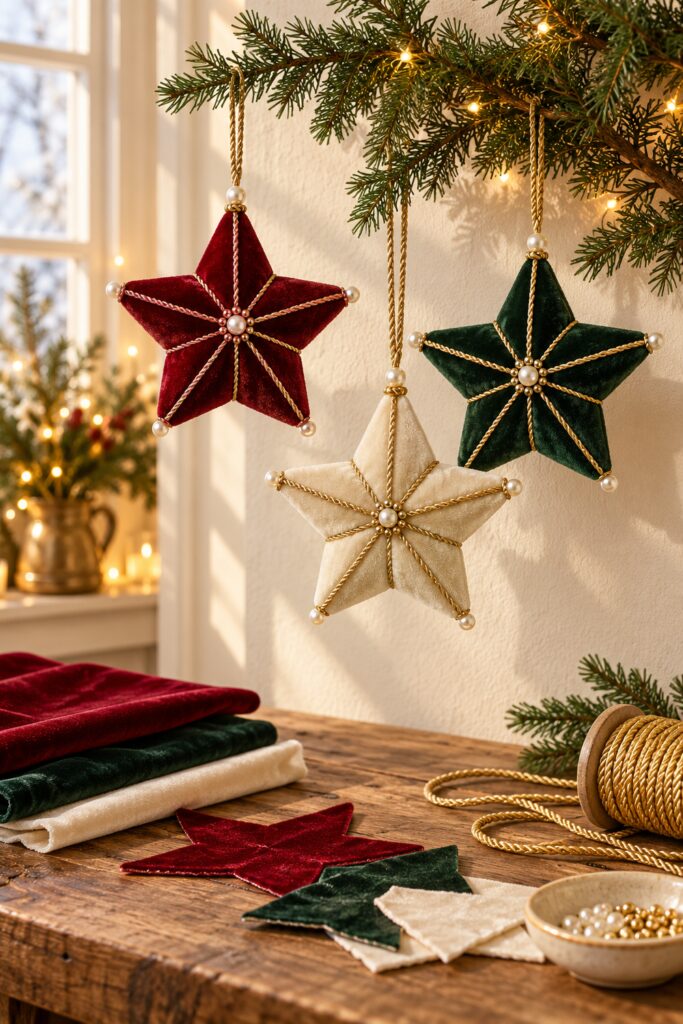 Three padded velvet star Christmas ornaments in red green and ivory with gold cord and pearl details hanging above a wooden craft table